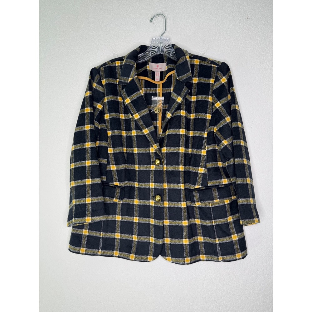 Laurie Felt Los Angeles Plaid Blazer Black Yellow Gold Button Wool Blend Size 14